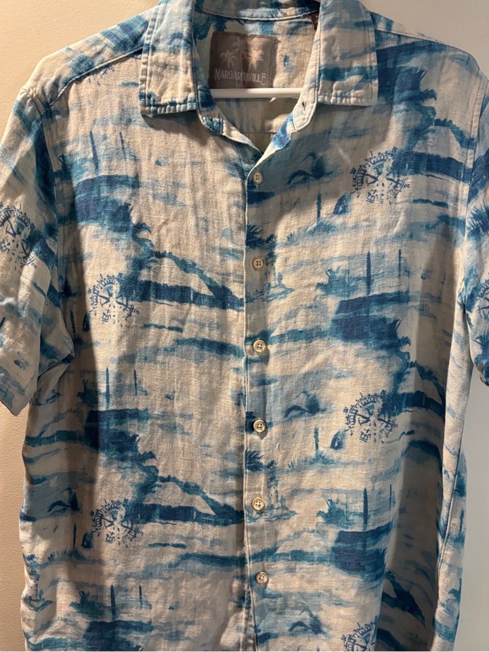 Margaritaville Blue & White Watercolor Coastal Silk/Linen Blend Shirt